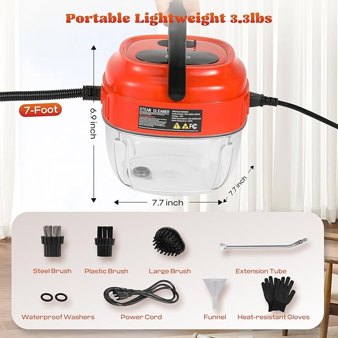 Moongiantgo Handheld Steam Cleaner 2500W High Pressure 1.5L Steamer for Cleaning, Portable Steam Cleaner for Home Kitchen Bathroom, Steam Cleaner for Car Detailing Grout Tile (Red)