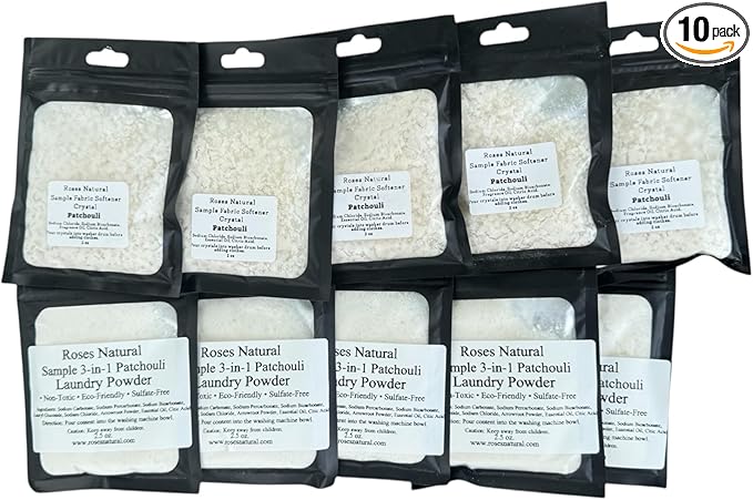 Sample/Travel Laundry Bundle, 10 Pre-Measured Packets, 5 Laundry Powder and 5 Fabric Softener Crystals, HE Compatible, Patchouli and Rouge Luxe Scents (Patchouli)