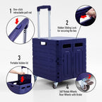 Folding Utility Cart Portable Rolling Crate Handcart Foldable Shopping Trolley Collapsible, with Lid, on Wheels, for Grocery, Garden, Office, Storage, Teacher, Tool (Purple)