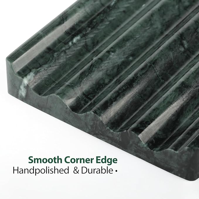 2PCS Koville Indian Natural Green Marble Soap Dish for Shower, Stone Soap Tray for Bathroom, Marble Bar Soap Holder for Sink, Stripe Grooves Soap Saver Sponge Holder