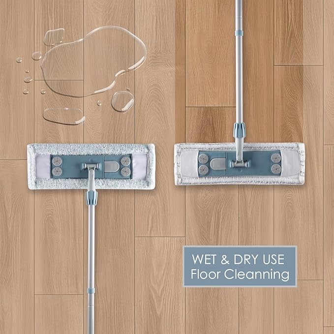 Dust Mop for Floor Cleaning,Magnetic Floor Flat Mop with 2 Washable Pads -Extendable 64‘’ Iron Handle for Hardwood Tile Marble Laminate Floors,Blue&Gray