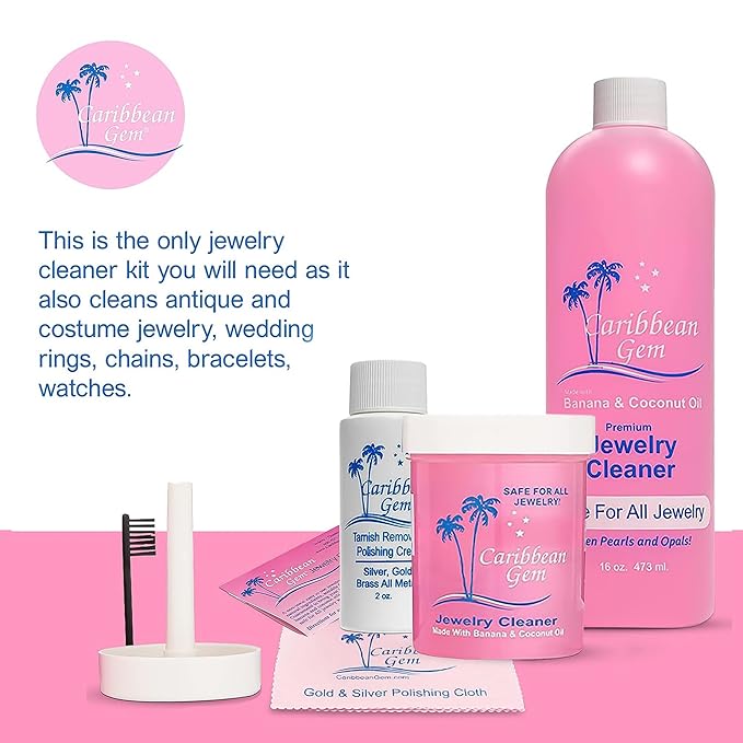 Jewelry Cleaner 16oz & 8oz, Basket, Brush, Polishing Cream & Polishing Cloth - Jewelry Cleaning Kit for All Gold, Silver, Diamonds, Rings, Necklaces, Gems, Precious Stones & Metals