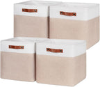 HNZIGE Set of 4 Fabric Storage Baskets (4 Pack), Large Baskets for Shelves, 13x13x13 Inch Storage Cubes with Leather Handles for Home, Toys, Clothes, Kids Room, Closet Storage (White & Beige)