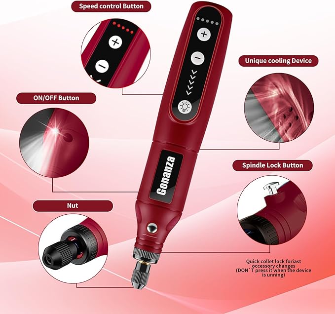 GONANZA Mini Cordless Rotary Tool Kit - 5-Speed, 3.7V Power Supply with LED Light 62 Accessories for Engraving, Sanding, Polishing, Type-C Rechargeable Perfect for DIY Crafts and Precision Work(Red)