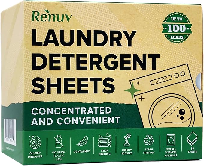 Renuv Laundry Detergent Sheets up to 100 Loads - Eco Friendly, Sustainable, Biodegradable & Liquidless Strips, 50 Sheets