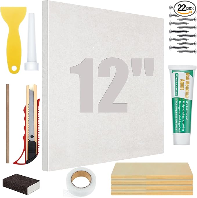 22 Pcs Drywall Repair Kit with 12x12x1/2" Drywall Repair Panel, Sheetrock Hole Patch Kit with Wall Patching Paste, Sanding Block, Putty Knives, to Fill Large Holes for Home Wall Surface Ceiling