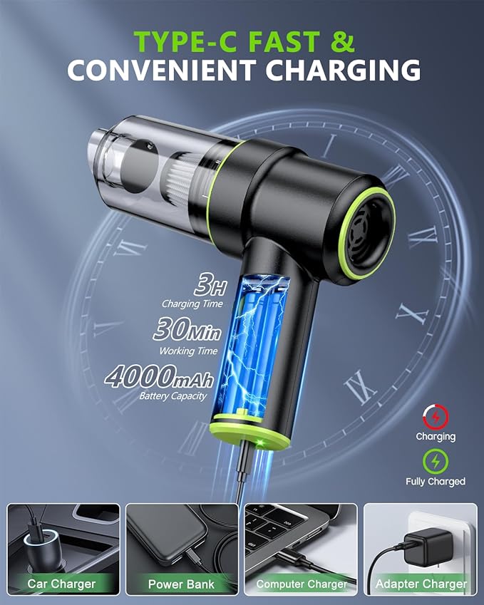 CODN Handheld Car Vacuum Portable Cordless 12000PA, 2 in 1 Handheld Vacuum Cleaner and Air Duster with Multi-Nozzles and LED Light, Mini Hand Held Vacuum Rechargeable for Home, Car, Office, Pet Hair