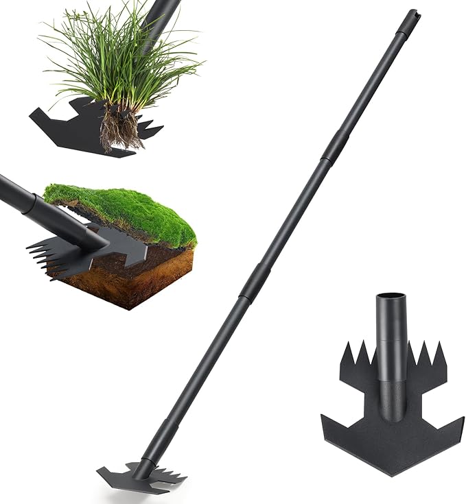 Garden Hoe,2 in 1 Heavy Duty Scuffle Weeding Hoe Garden Tool with Shaped Edge, 45 inch Long Handle, Hand Weeding Rake Action Hoe for Weeding Gardening Grass Weed Moss Removal