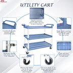 AQNIEGEP Utility Cart with Wheels, 510lbs Heavy-Duty Food Kitchen Cart & Rolling Service Cart for Restaurant Commercial Office, Lockable Wheels & Tool-Free Assembly, 3-Tier, Grey