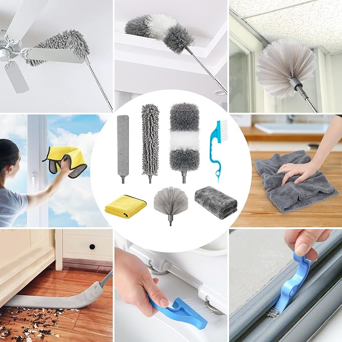 Microfiber Duster Kit 23pcs with 30 to 100 Inches Extension Pole and Extendable Window Squeegee, Washable and Bendable Feather Duster for Cleaning Ceiling Fans, High Ceilings, Cobwebs, Blinds
