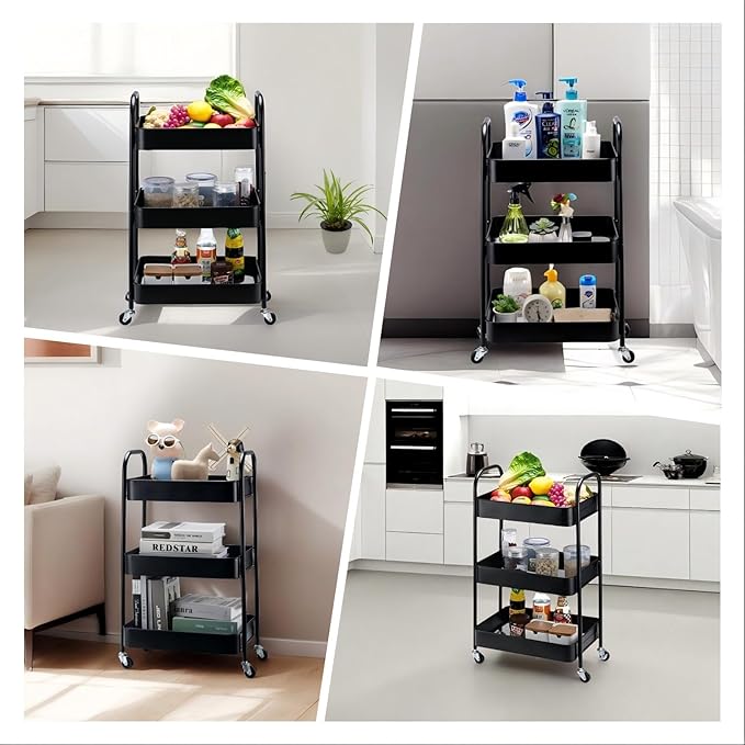 SETTFRFE 3 Tier Rolling Cart Metal,File and Art Cart with Wheels,Storage Shelf Organizer Cart for Bathroom,Office,Kitchen,Black