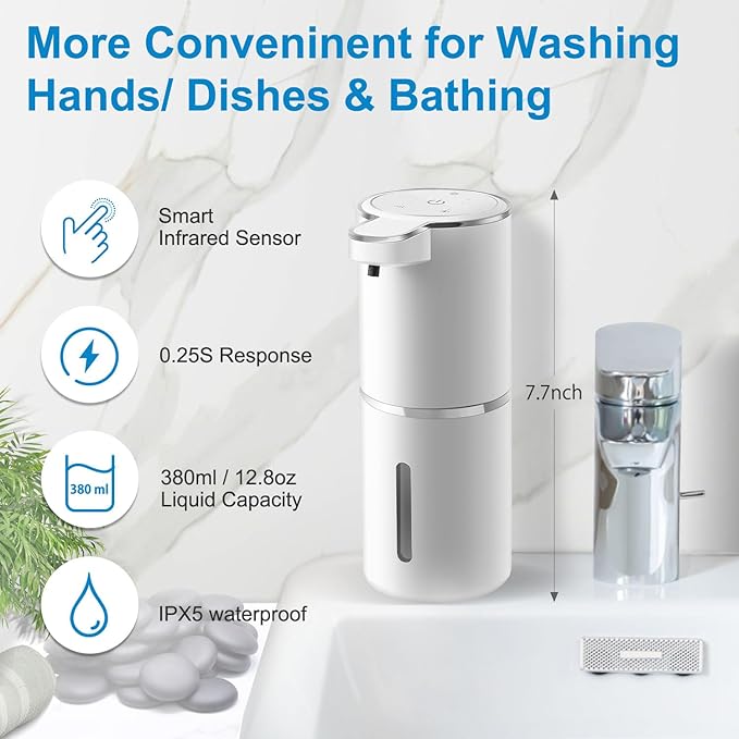 Automatic Liquid Soap Dispenser,4-Level Adjustable, Wall Mount,USB Rechargeable,12.8oz/ 380ml,Touchless Hand & Dish Soap Dispenser for Bathroom, Kitchen,Hotel, Restaurant
