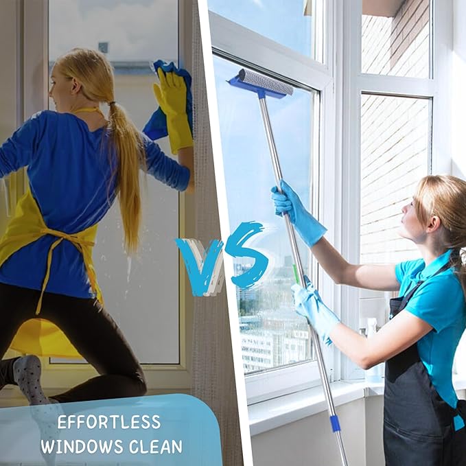 Window Squeegee for Home, 56'' Long Handle Shower Door Cleaner Tool, 2-in-1 Glass Scrubber for Car Windshield Cleaning