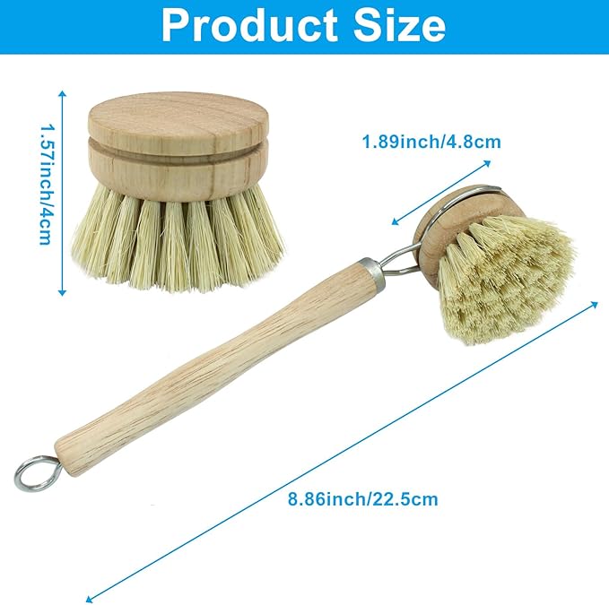 8Pcs Wooden Dish Brush Set, 8Pcs Bamboo Scrub Brush Replacement Heads and 1 Handle for Kitchen Pots and Pans Cleaning Supplies(Sisal)
