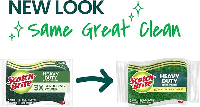 Scotch-Brite Heavy Duty Scrub Sponge, 24 Kitchen Sponges Designed for Tough Messes in the Kitchen that Last 3X Longer*, Best for Cast Iron Skillets and Outdoor Grills, Flexible, Durable, and Strong