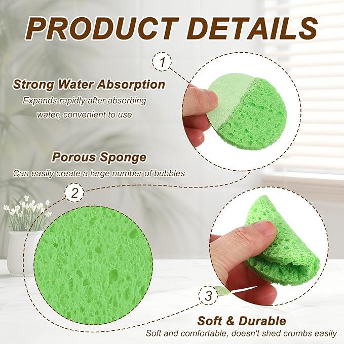 uxcell 20Pcs Cellulose Sponges, Round Kitchen Clean Sponges Non-Scratch Compressed Dish Scrubber for Kitchen Household Cookware Bathroom Cleaning & DIY, Green