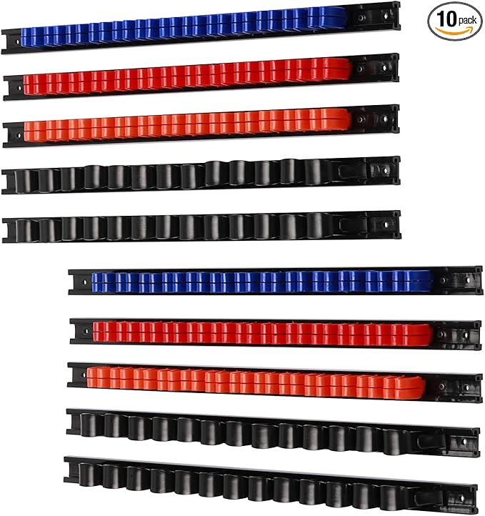 CASOMAN 10 pcs Screwdriver Organizer and Wrench Organizer, Wall Mount, Hand Tool Holder, Plastic Rail Wrench Hanger with Clips