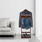 Valet Stand with Drawer and Top Tray, Wood Mens Suit Valet Stand with Wood Base, Freestanding Clothes Valet Stand with Hanger, Storage Organizer for Entryway Office Living Room (A, Walnut Color)