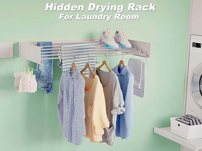 Wall Mounted Laundry Drying Rack - Pull-Out Drying Rack Clothing - 6 Stainless Steel Rods - Collapsible & Hidden for Laundry Room/Bathroom - Heavy Duty & Space Saving (40.0", White)