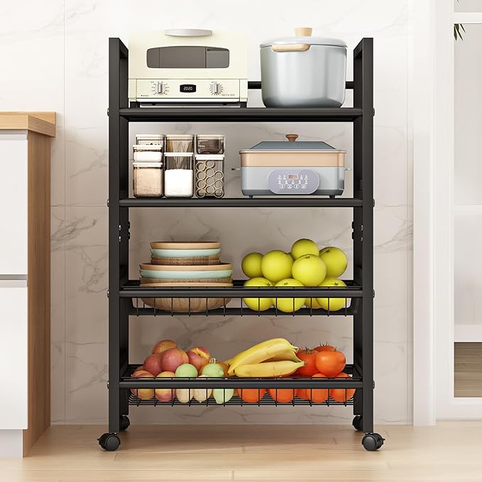 Four-Tier Metal Rolling Rack, Removable Metal Sheets, Grid Baskets with Wheels, Kitchen Storage Cart, Shelf for Pantry, Bathroom, Kitchen, Office, Garage, Black (Large)