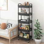 Sywhitta 5-Tier Plastic Rolling Utility Cart with Handle, Multi-Functional Storage Trolley for Office, Living Room, Kitchen, Movable Storage Organizer with Wheels, Black