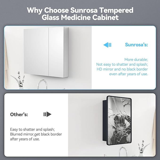 Sunrosa Medicine Cabinet with Mirror, 30" W x 31.5" H, 2 Asymmetrical Doors, Wall-Mounted & Recessed Bathroom Medicine Cabinet with Tempered Glass Mirror