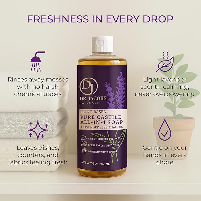 Dr. Jacobs Naturals Lavender Castile All-in-One Cleaner and Soap - Plant-Based Formula for House Cleaning Floors and Appliances - Gentle on Skin and the Planet - 32 oz, 2 Pack