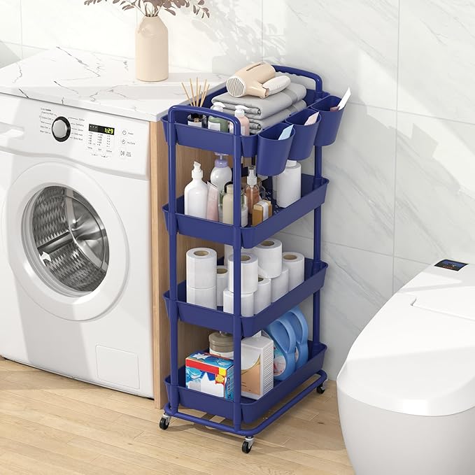 JIUYOTREE 4-Tier Plastic Rolling Storage Cart Utility Cart with Extra Hanging Cups Handles Lockable Wheels for Living Room Bathroom Kitchen Office Blue
