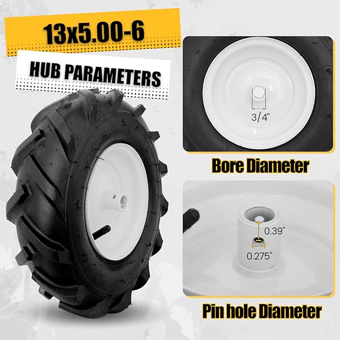 MZREXN 13x5.00-6" Tiller Tire and Wheel 2 Pack, 3/4" Axle Size, 3-1/8" Offset Hub, 4Ply Pneumatic, Compatible with Garden Trailer, Lug Tractor & Trencher, Tillers, and Lawn Mover Replacement Tire