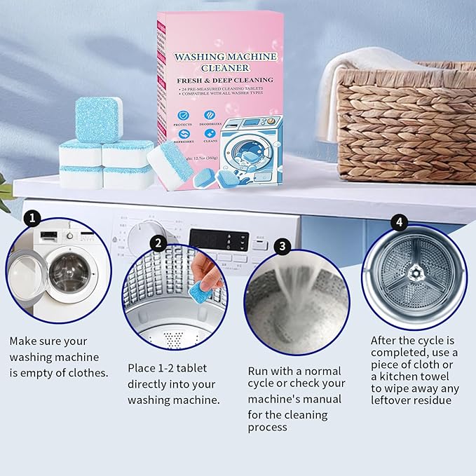 24-Pack Washing Machine Cleaner Tablets HE Front Load and Top Load Compatible Descaler Pods for Laundry Tub, Drum and Gasket Septic Safe, Fresh Scent (1-Year Supply)