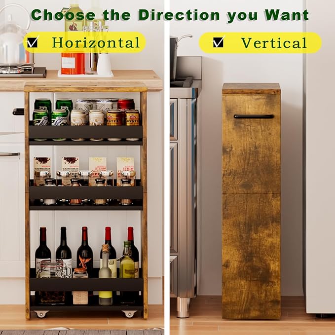 TEAMIX 4 Tier Slim Storage Cart with Handle, Slide Out Storage Rolling Utility Cart Mobile Shelving Unit Organizer Trolley for Small Spaces Kitchen Laundry Narrow Places (Brown+Black, 7-7/8'' W)