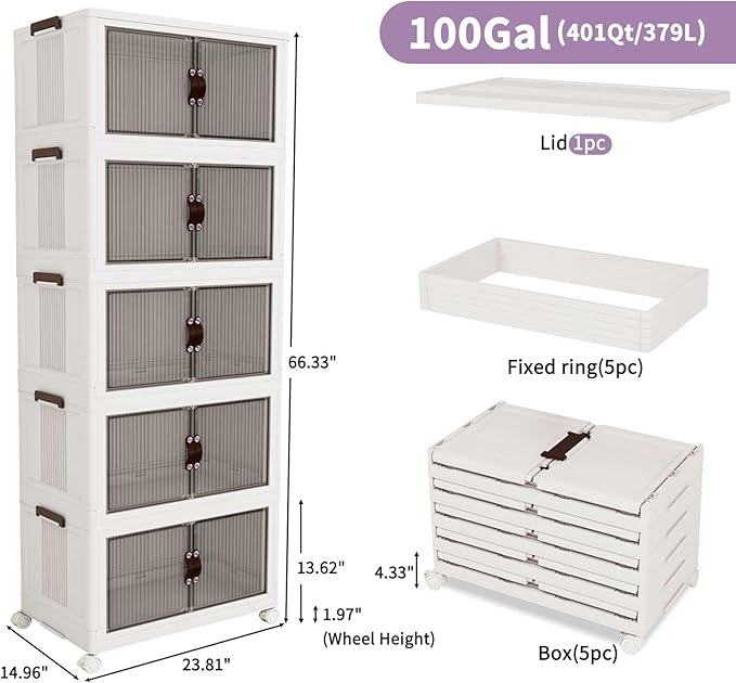 Luxdecor 400Qt Storage Bins With Lids-Stackable Plastic Storage Bins on Wheels, Closet Organizers and Storage,Collapsible Storage Cabinet with Doors for Office Garage Kitchen Under Stairs,Larger 5Tier