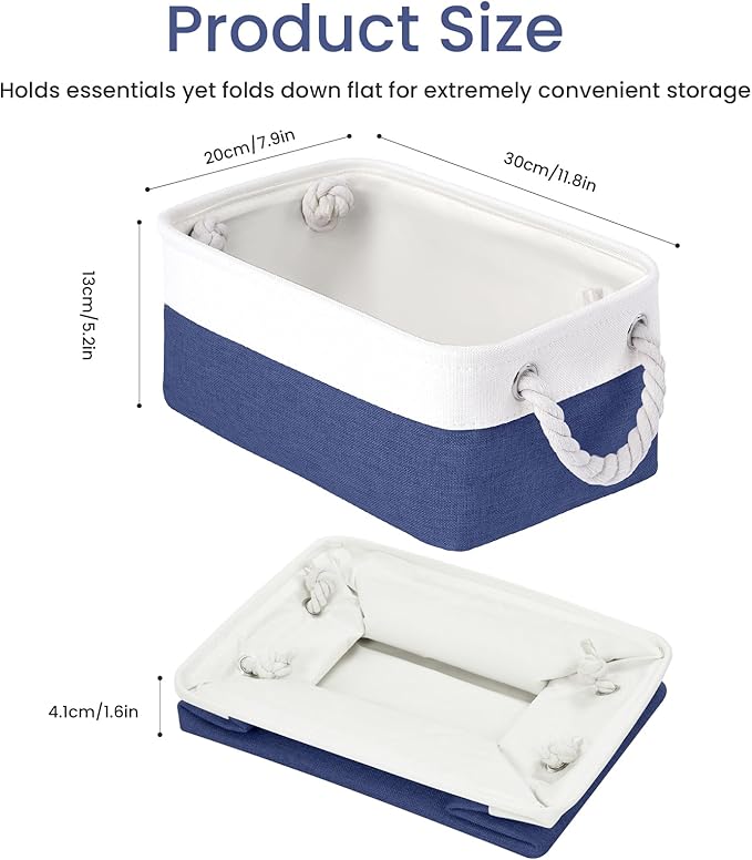 Storage Baskets for Shelves 11.8x7.9x5.2 Inch-Foldable Fabric Organizing Storage Bins with Handles, Closet & Bathroom Organizer, Home Storage for Kitchen, Office (1-Pack, White&Blue)