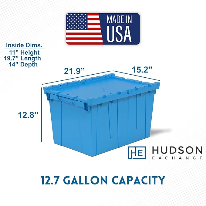 Hudson Exchange 21.9 x 15.2 x 12.8” (3 Pack) Storage Tote Distribution Container with Hinged Attached Lid, Blue