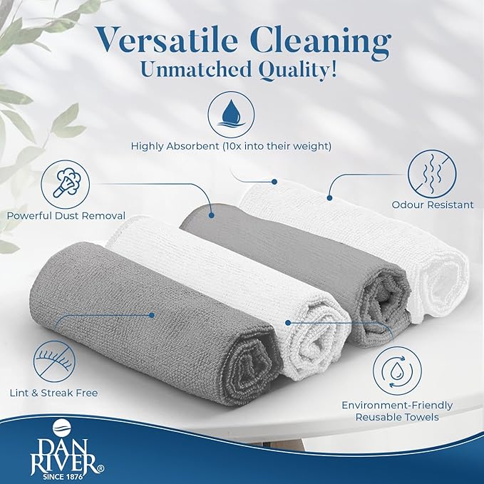 DAN RIVER 12-Pack Microfiber Towels – Ultra Absorbent, Lint-Free & Streak-Free Cleaning Cloths for Home, Car & Kitchen - Must-Have Cleaning Essentials - 12" x 12" - Gray White