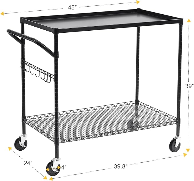 WDT 2-Tier Utility Cart with Wheels, Metal Cart with 1000LBS Capacity, NSF Heavy Duty Rolling Cart, Commercial Grade Serving Tool Storage Carts for Warehouse Garage Kitchen, 24"D x 45"W x 39"H, Black