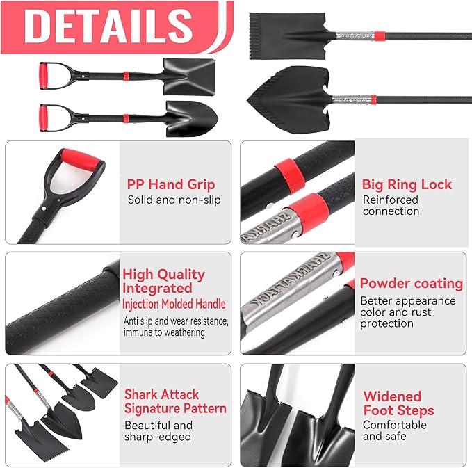 SHARK ATTACK 4-Piece Steel Shovel Set with D-Grip Handles - Multi-Size Garden Shovels with Powder Coating for Digging, Planting & Car Emergency