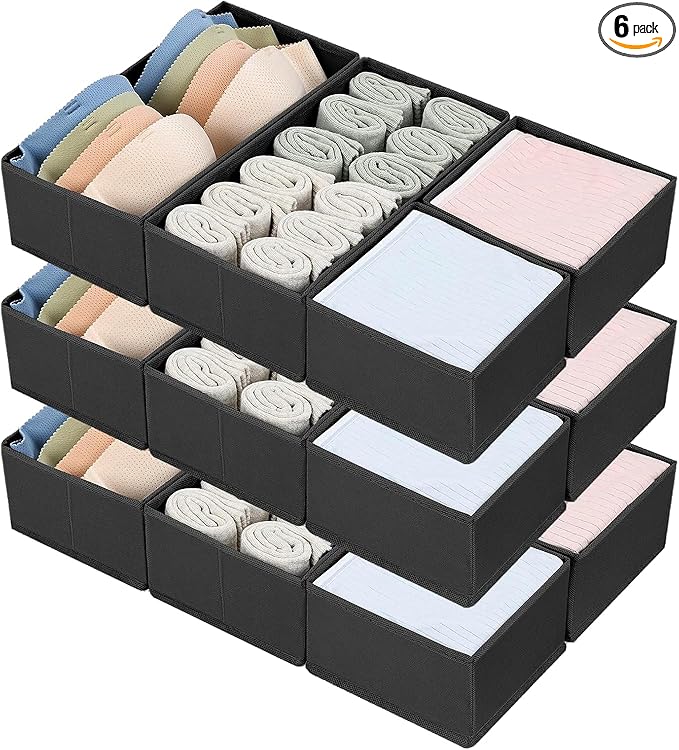 DIMJ Drawer Organizers, Set of 12 Clothes Drawer Organizer, Foldable Closet Drawer Organizer, Dresser Drawer Organizers Dividers for Baby Clothes, Socks, Belt, Tie (Black)
