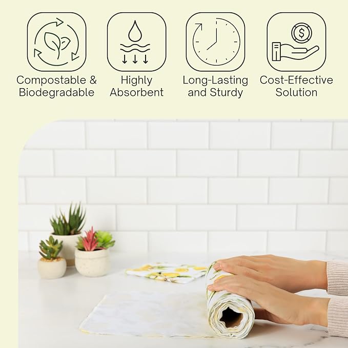 Reusable Paper Towels (12"x10”) - Soft Absorbent 100% Cloth Paper Towels- Washable Paper Towels Rolls w/Cardboard Roll-Reusable Napkins Washable- Dish Cloths (Vintage Lemons, 12x10inch)