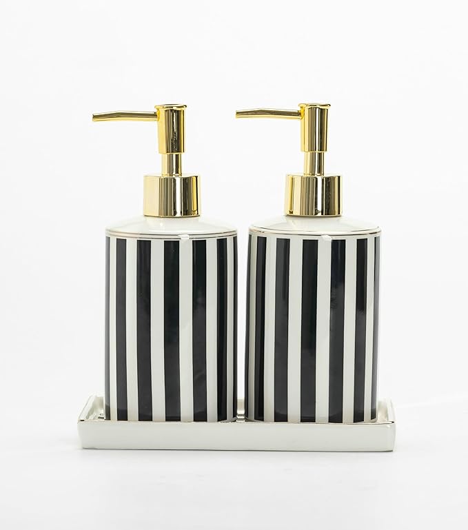 Luxury Black & White Ceramic Soap Dispenser Set with Gold Pump – 3-Piece Bathroom & Kitchen Accessories Set with Tray, Refillable Lotion & Dish Soap Pump Bottles, Elegant Modern Home Décor