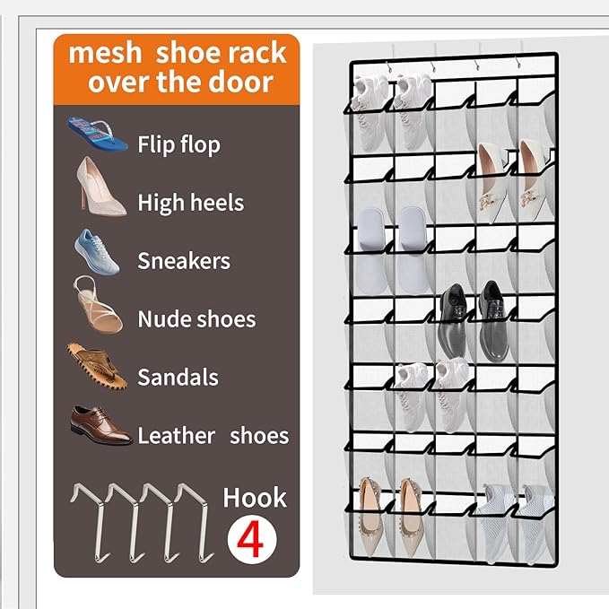 35-Pocket Over the Door Shoe Organizer - Large Mesh Hanging Shoe Rack for Closet, Dorm & Bathroom, HeavyDuty Storage Holder with 4 Metal Hooks, Space Saving Shoe Organizer