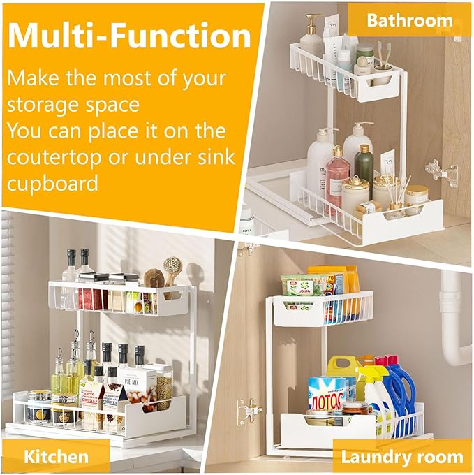 Under Kitchen Sink Organizers and Storage Pull Out 2 Tier Metal Bathroom Cabinet Organizer (White, 1 Pack)