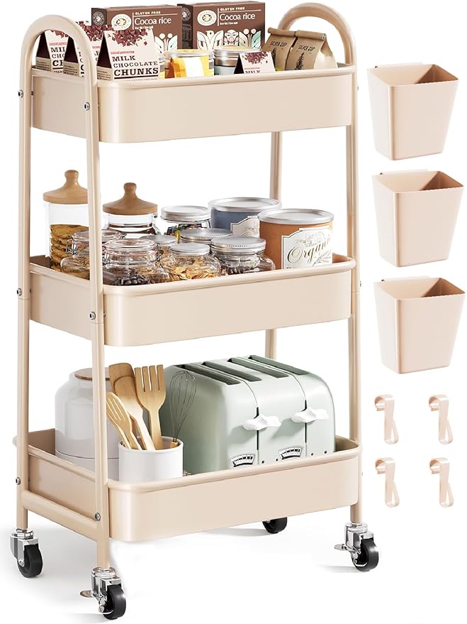 Khaki 3 Tier Rolling Cart Metal on Wheels, Three Tiered Storage Organizer Utility Trolley with Wheels for Art, Craft, Baby Diaper Caddy, Snack, Book, Nail, Lash, Cleaning Supplies, Kitchen, Bathroom