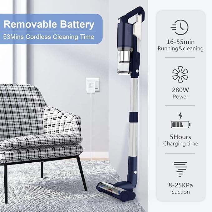 whall Cordless Vacuum Cleaner, Upgraded Strong Suction Brushless Motor Cordless Stick Vacuum Cleaner,Lightweight Handheld Vacuum for Home Pet Hair Carpet Hard Floor,up to 55mins Runtime,Blue