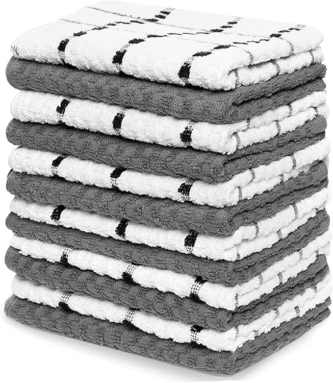 Zeppoli Classic Kitchen Towels - 12 Pack 100% Natural Cotton Kitchen Towel Set, Reusable Wash Cloths, Absorbent Dish Towels, Machine Washable Hand Towels, Kitchen Essentials - 15” by 25” - Gray