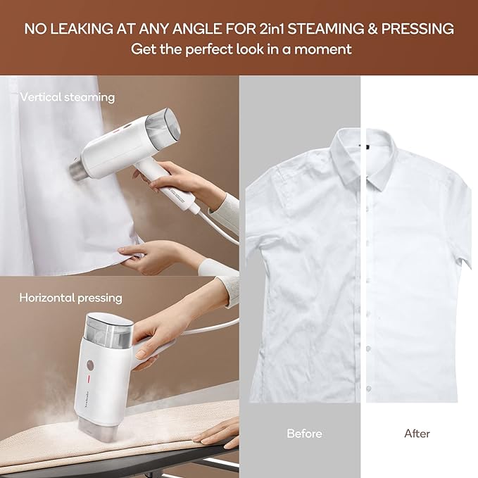 Newbealer Steamer for Clothes, 1200W Travel Steamer with Horizontal & Vertical Steaming, 2 Steam Levels, Dry Ironing, Foldable, 1.5lbs Lightly, 180ml Handheld Fabric Wrinkle Remover (120V Only)