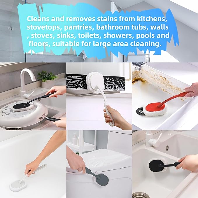 Long Handle Sponge Scrub Bathroom Brush, Sponge Cleaning Brush with Handle Large Wall Scrubber Shower Long Handles Brush for Tableware, Kitchen, Toilet, Bathroom Cleaning Tools Accessories White