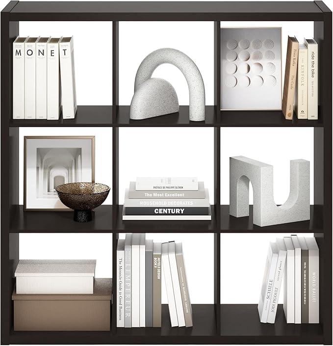 Furinno Cubicle Open Back Decorative Cube Storage Organizer, 9-Cube, Black Dark Oak