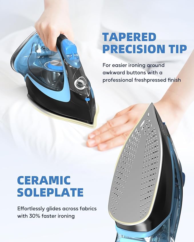 Steam Iron for Clothes, 1750W Clothes Iron Rapid Heating, Non-Stick Ceramic Soleplate, 3-Way Auto-Off, 15.21oz Water Tank, Self-Cleaning, Anti-Drip, Anti-calc Ironing Clothes for Home, Blue