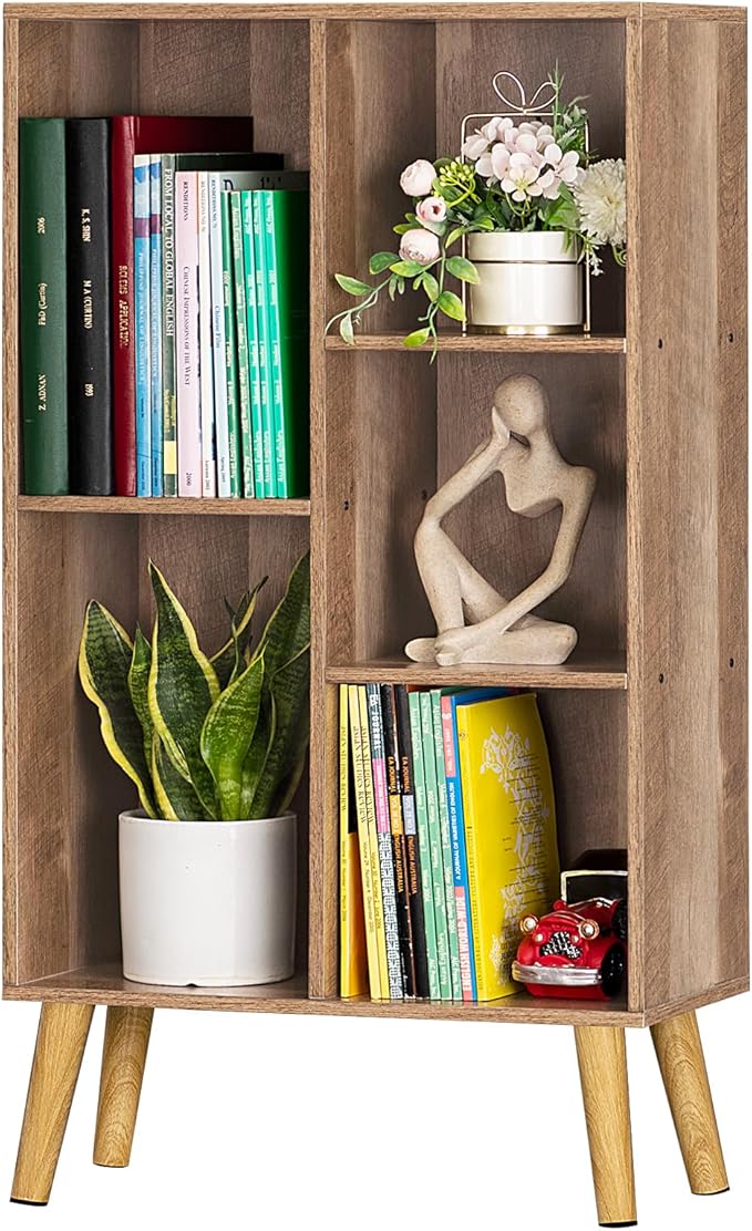 LEYAOYAO 5 Cube Small Bookshelf,3 Tier Mid-Century Bookcase with Legs,Wood Kids Bookshelves Storage Organizer Shelf,Free Standing Narrow Book Shelves,Oak Grey Corner Bookcases for Bedroom,Living Room